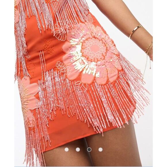 ASOS Design Floral Applique Slip Mini Dress Orange Embellishment Sparkle Size 8 - Picture 4 of 10